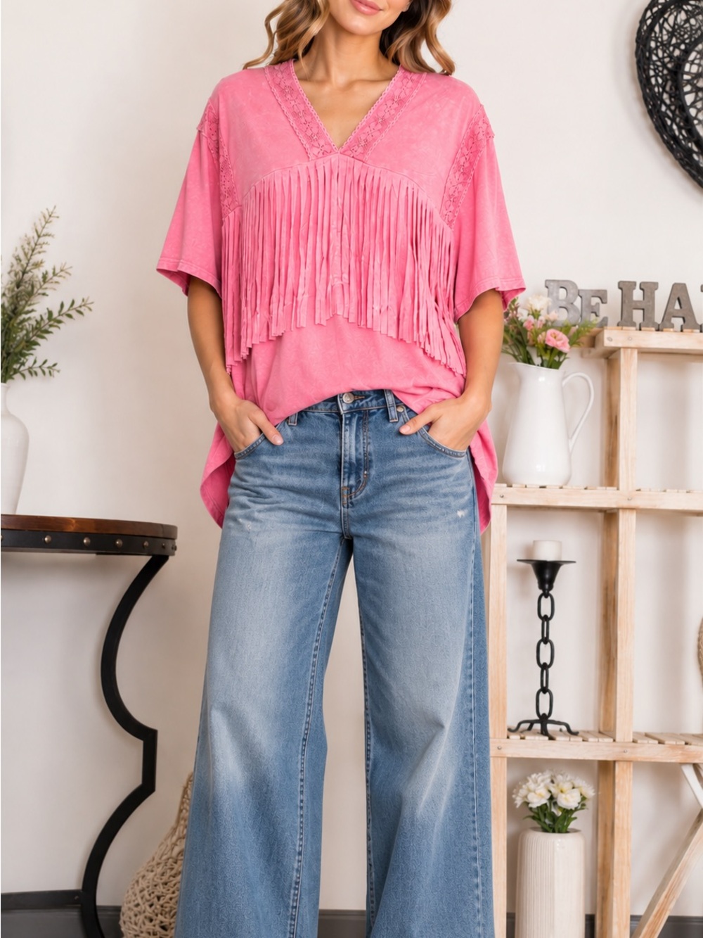 Blue Velvet Fringe V-Neck Top - Pink